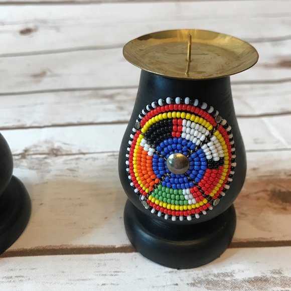 Handmade Beaded Wood Candle Holders - Picture 3 of 7